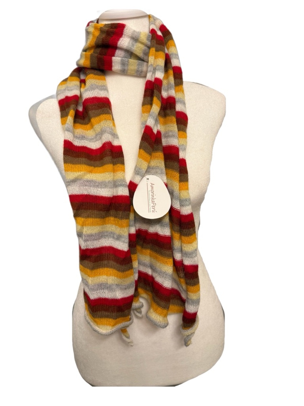 NWT Amorinka Peru Alpaca Scarf, Red/Brown/Gray/Gold